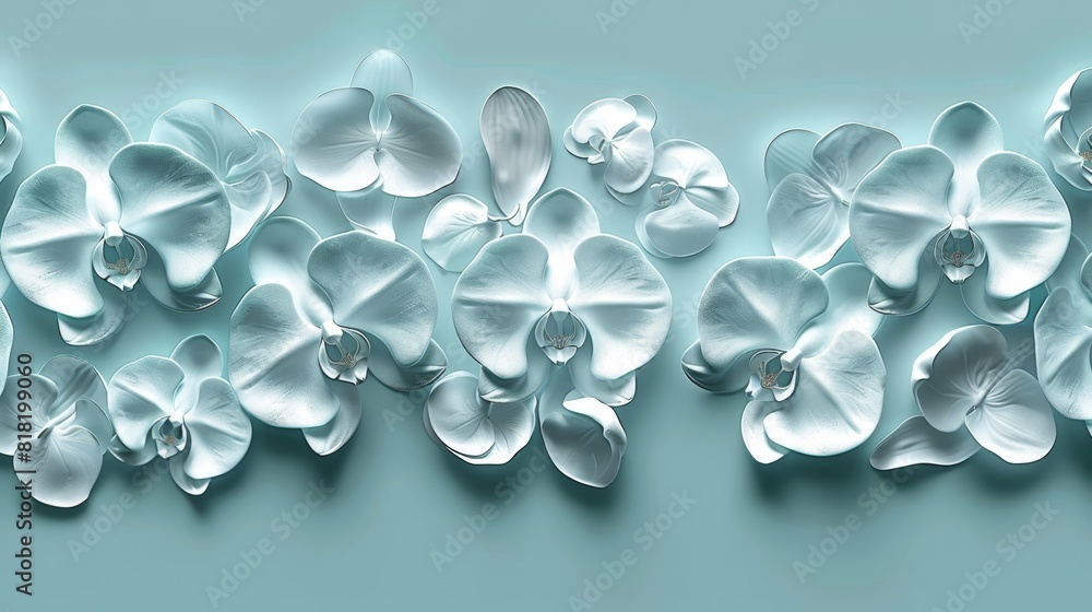 A collection of white blooms arranged together on a light blue backdrop in picture's center A collection of white blooms arranged together on a light blue backdrop in picture's center