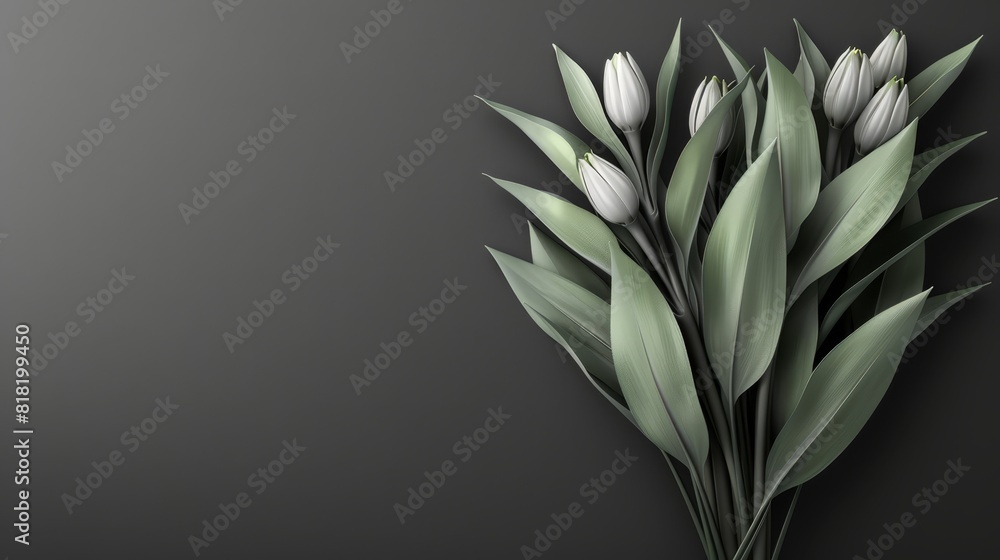 A bunch of white tulips with green leaves against a black background A bunch of white tulips with green leaves against a black background