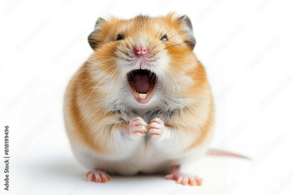 A hamster appearing to chuckle with its mouth open, isolated on a white background