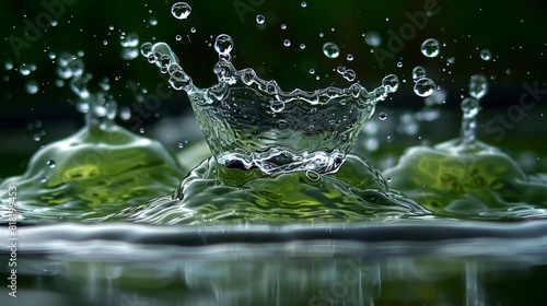  Close-up of water splash with crown in mid-depth  against dark green backdrop