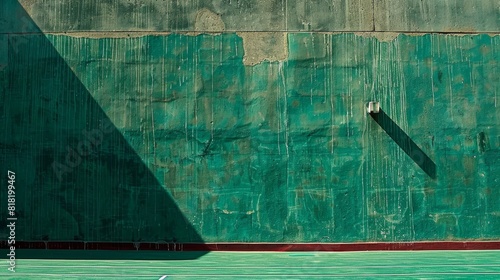  A man wields a tennis racquet on a tennis court, with a grungy green wall as his backdrop