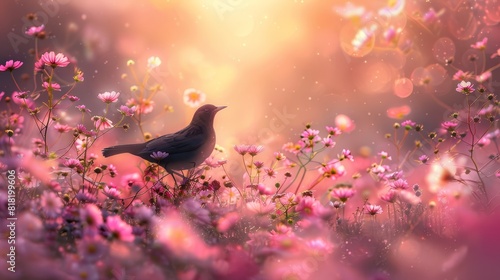  A black bird atop a lush, green field teeming with purple and pink blooms under a sunny sky
