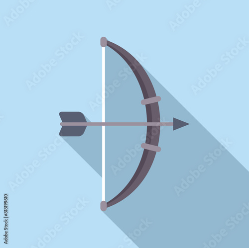Vector illustration of an archery bow and arrow in flat design style with a long shadow and blue background