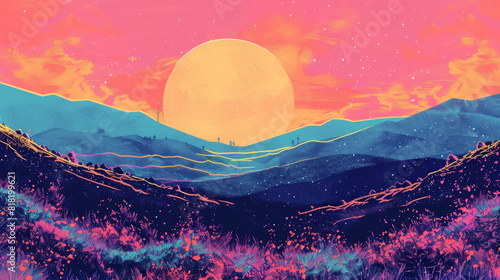 Backgrounds mountain and sunset in the style of retro risographs photo