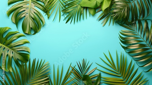  Green tropical leaves against a blue backdrop Insert text or image here ..Or  if you prefer a more descriptive version ..V