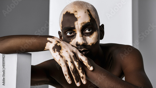 fashion portrait phoography of young black man with vitiligo skin condition, diverse models photo