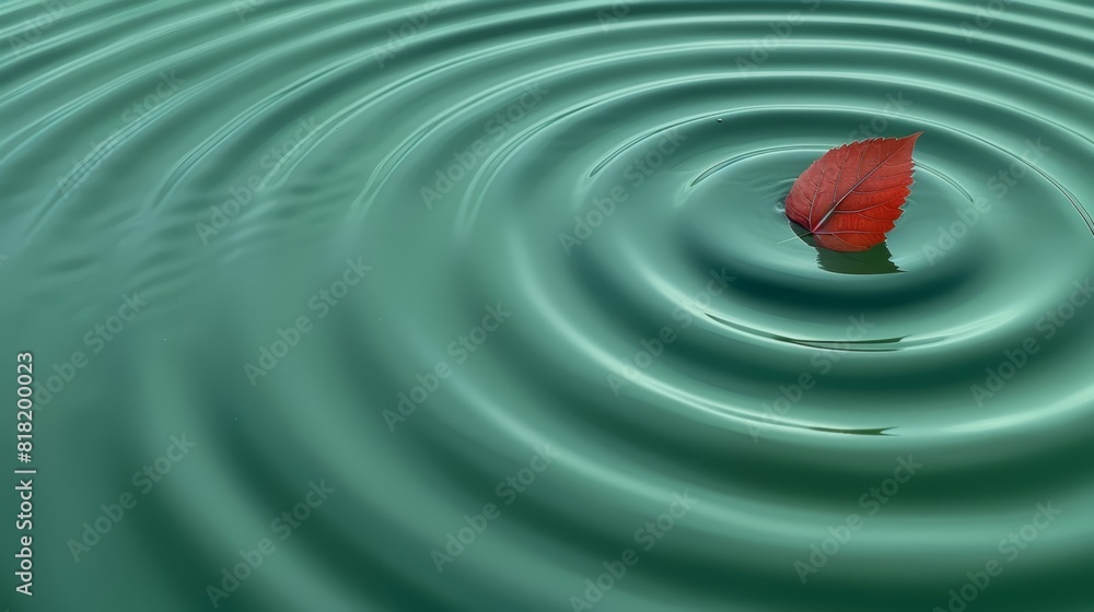 A lone red leaf drifts atop tranquil water, disturbed only by surface ripples A lone red leaf drifts atop tranquil water, disturbed only by surface ripples