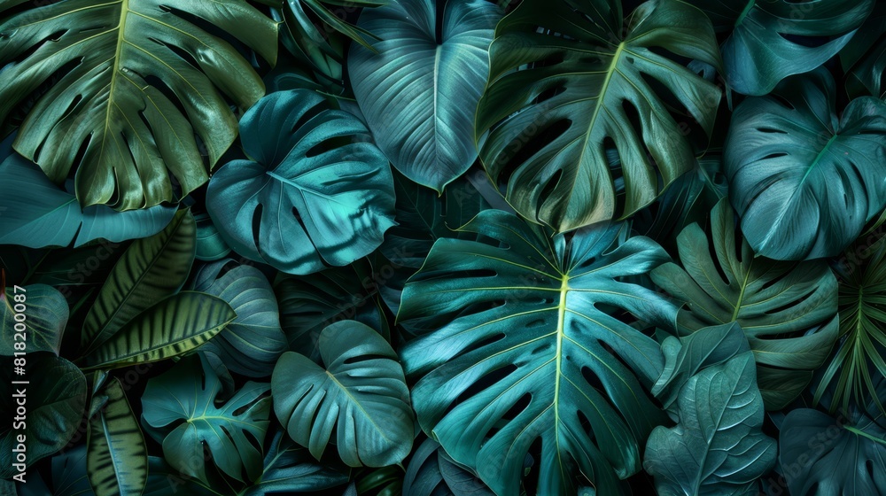 A close-up of numerous green leaves against a backdrop of green, beneath more green leaves A close-up of numerous green leaves against a backdrop of green, beneath more green leaves