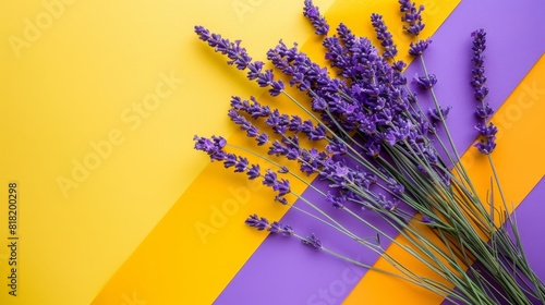  A table is adorned with a bunch of lavender flowers atop a purple-yellow striped tablecloth, adjacent to a purple-yellow striped wall