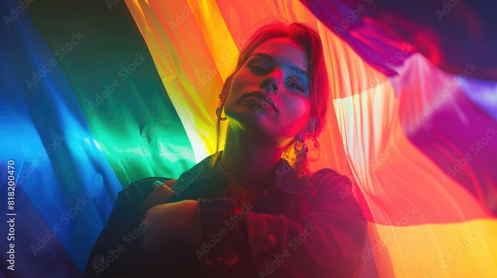 A transgender person confidently posing with a rainbow flag draped over their shoulders, with colorful lighting highlighting their pride. A transgender person confidently posing with a rainbow flag draped over their shoulders, with colorful lighting highlighting their pride.