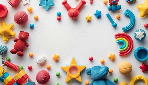 Children s toys frame background featuring colorful and playful toys Perfect for childhood, education, and playtime themes Isolated with ample copy space photo