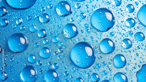  A tight shot of water droplets on a blue-green surface  with a white centerpoint in each droplet