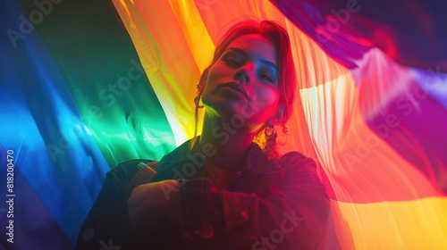 A transgender person confidently posing with a rainbow flag draped over their shoulders  with colorful lighting highlighting their pride.