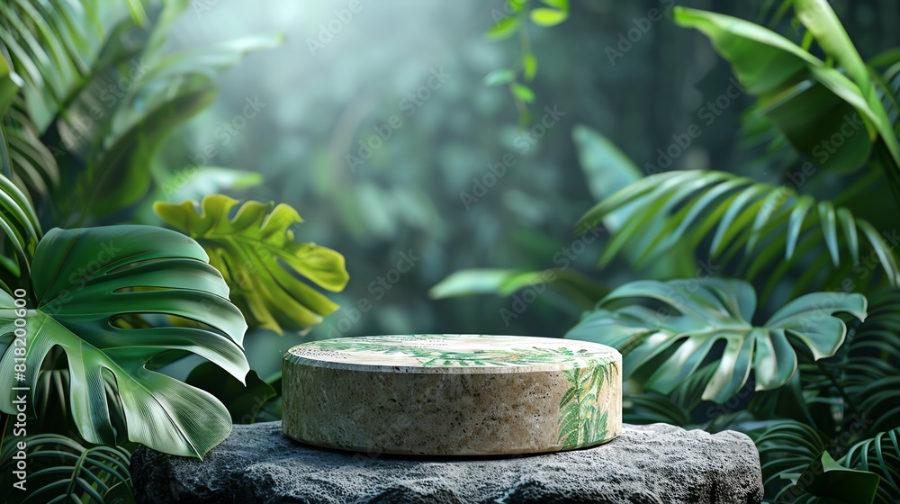 Round stone advertising podium stand with lush tropical leaves in the background Perfect for product display in natural and exotic settings Isolated with ample copy space