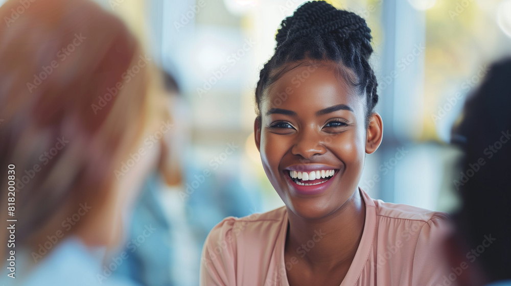 Woman Smiles Talking to Two Others Woman Smiles Talking to Two Others