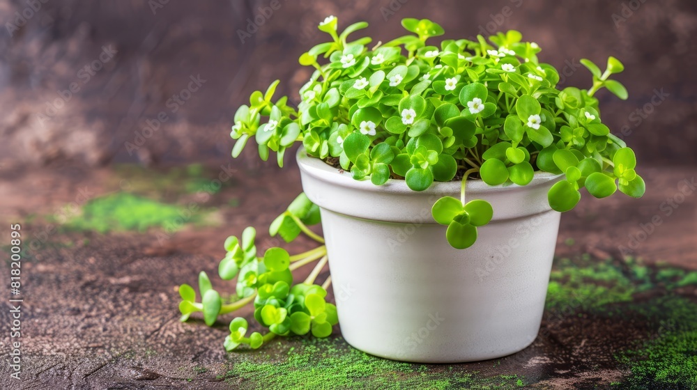 A tight shot of a potted plant, its green foliage against dirt ground, brown wall behind A tight shot of a potted plant, its green foliage against dirt ground, brown wall behind