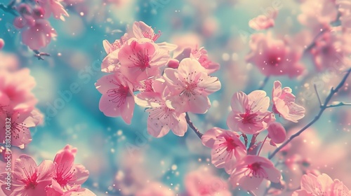  A plethora of pink flowers blooms against a backdrop of blue and pink, featuring water droplets on their petals