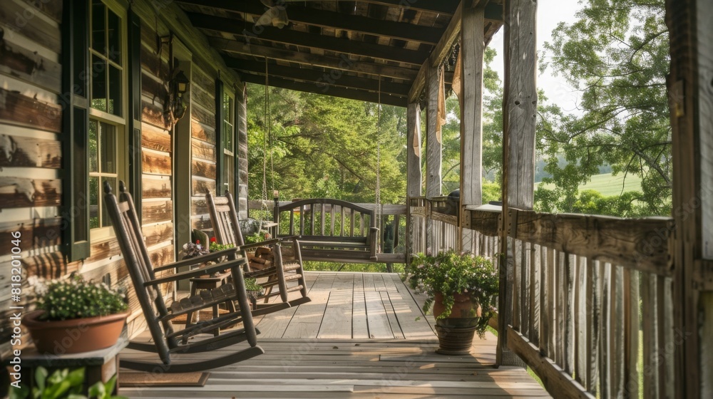A wooden porch with rocking chairs and potted plants overlooks a scenic countryside. The early morning sunlight adds a warm glow, highlighting the rustic charm of the setting.