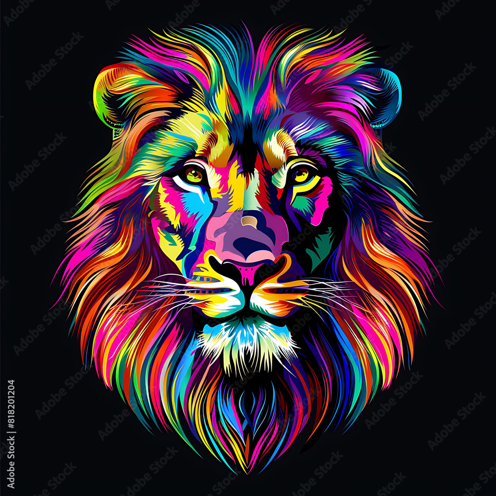 Painted with fluorescent paints of a lion on a black background.