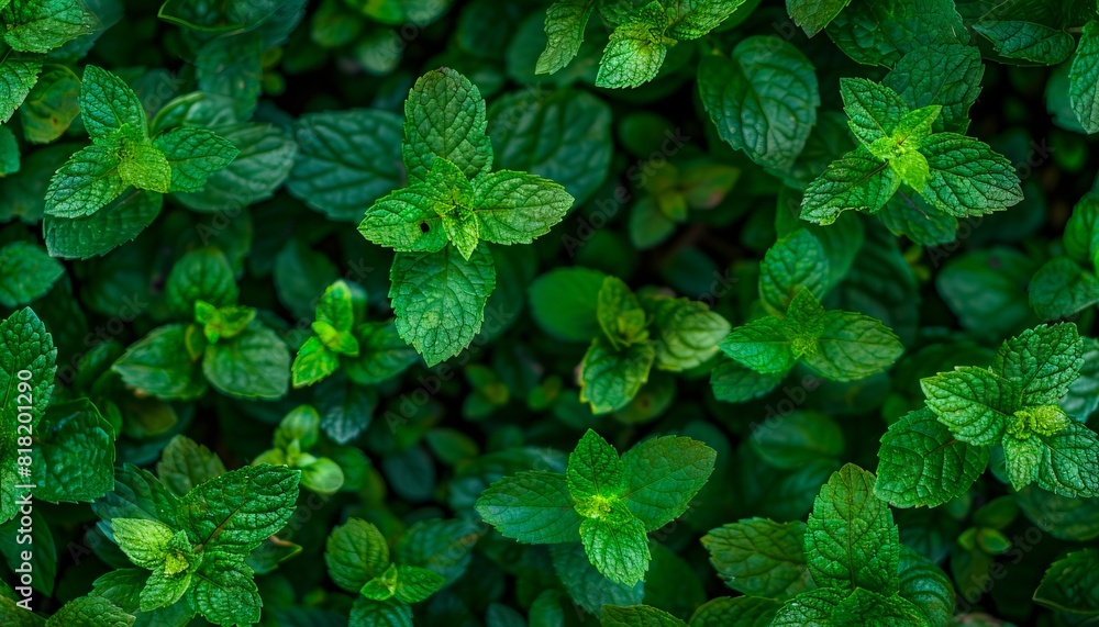 A close up of green mint leaves. A close up of green mint leaves.