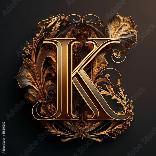 Luxury golden letter K with floral ornament. 3d render