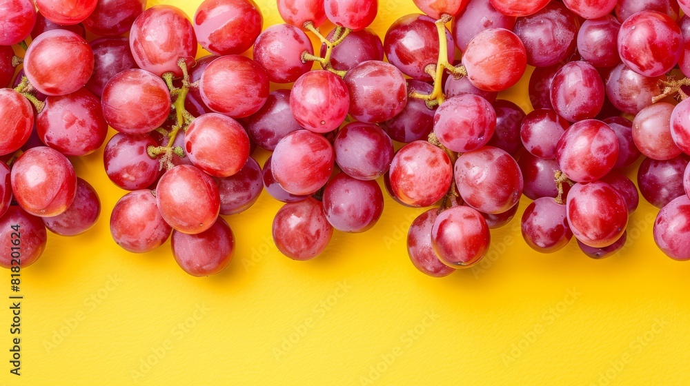 Red grapes sit atop a yellow table Nearby, a green and white plate holds food Red grapes sit atop a yellow table Nearby, a green and white plate holds food