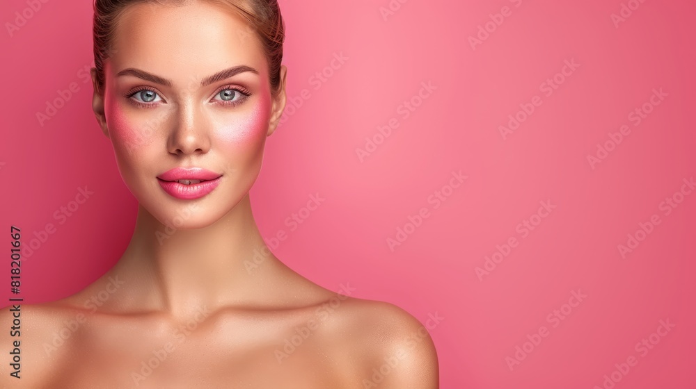 A beautiful woman with a pink make-up and a bun A beautiful woman with a pink make-up and a bun