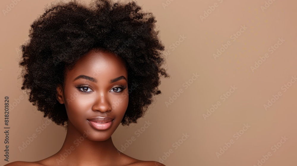 her Afro hairstyle framing a backdrop of azure eyeshadow against a sun-kissed tan background her Afro hairstyle framing a backdrop of azure eyeshadow against a sun-kissed tan background