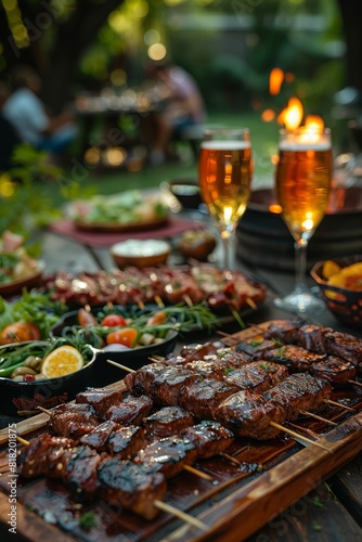 The dinner table in the backyard has delicious meat and beer  grilled on the barbecue  salads 