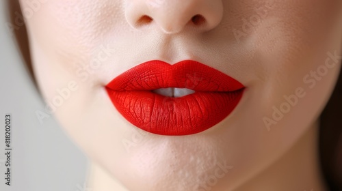  A tight shot of women s red-lipsticked lips against a pristine white backdrop