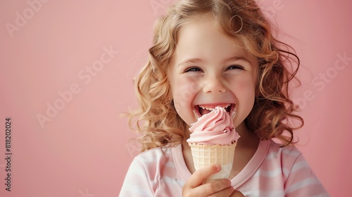 Wriggle of happiness as a child enjoys a delicious dairy treat, capturing joy and excitement Ideal for childhood and food themes Isolated with ample copy space photo