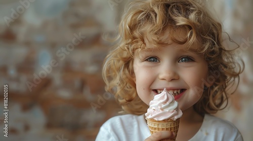 Wriggle of happiness as a child enjoys a delicious dairy treat, capturing joy and excitement Ideal for childhood and food themes Isolated with ample copy space photo