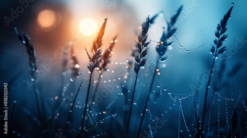  A tight shot of wet grass dotted with water droplets, sun casting background rays photo