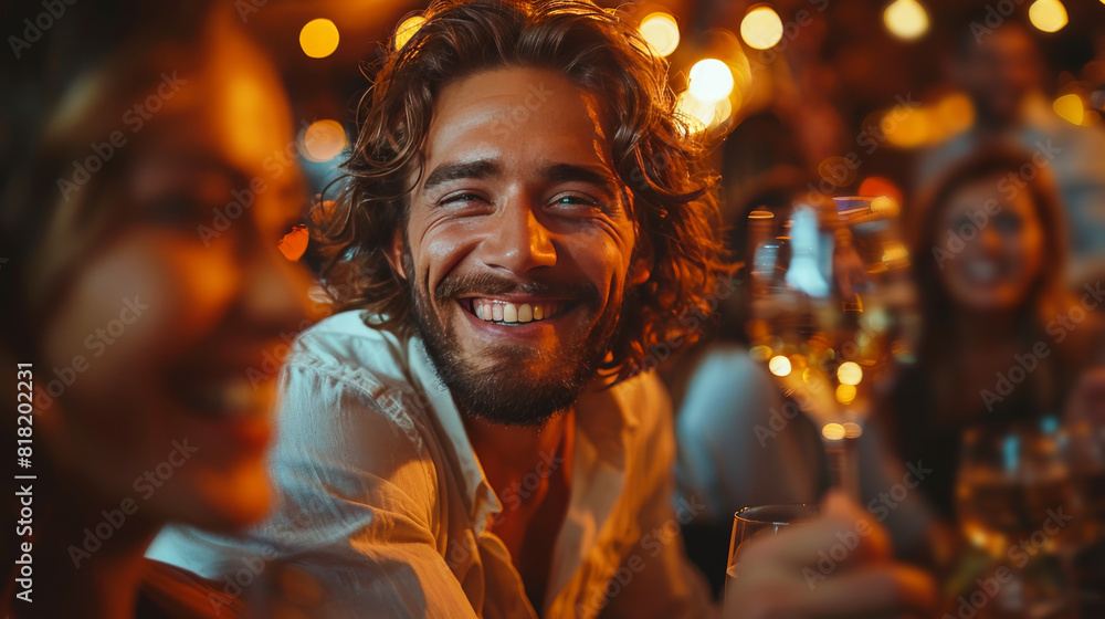 Friends Enjoying Laughter in Dimly Lit Bar Friends Enjoying Laughter in Dimly Lit Bar