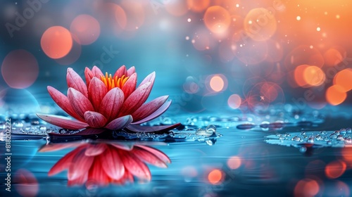  A red water lily floats atop tranquil waters, surrounded by beads of liquid droplets Behind it, a backdrop of twinkling lights glows