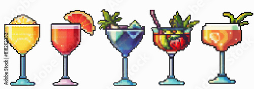 Set of Pixel cocktail icon. Retro 90s gaming 8 bit icon of pixel mosaic glasses of cocktail drink. Vector pixel classic party beverage for game and stickers. Summer vacation icons set