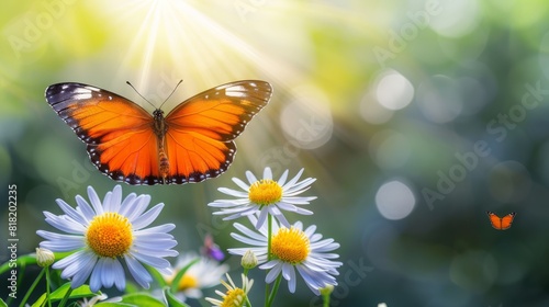  A tight shot of a butterfly flitting above a meadow teeming with daisies in the foreground, and a sunburst radiating behind