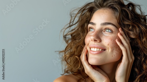  A woman with freckles sprinkled across her face poses for a photo, her hands gently framing it photo