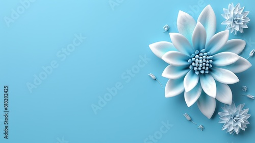  A blue-and-white bloom against a light blue backdrop  featuring several white flowers in its center