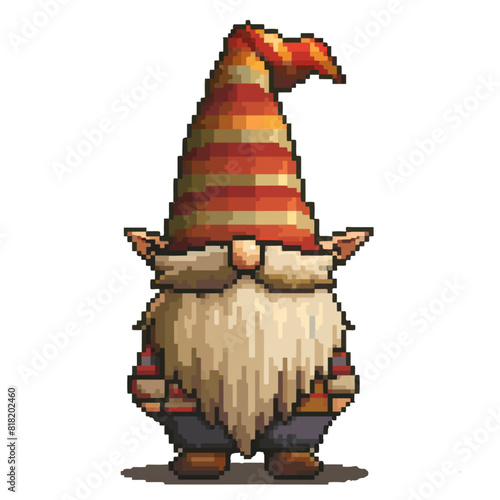 Pixel cartoon garden gnome. Gnome icons set in pixel art design isolated on white background, 80s-90s, digital vintage game style.