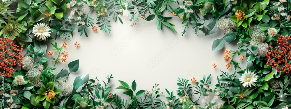 frame laid out from foliage and flowers very much on a white background frame laid out from foliage and flowers very much on a white background