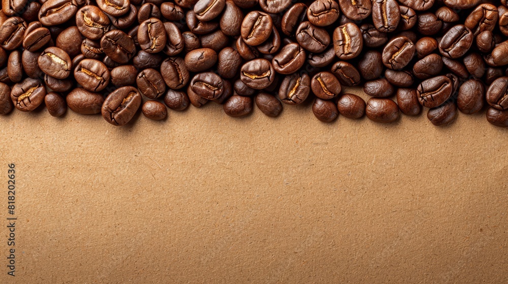 A mound of coffee beans atop a brown-paper-covered surface, brimming with numerous brown and black beans A mound of coffee beans atop a brown-paper-covered surface, brimming with numerous brown and black beans