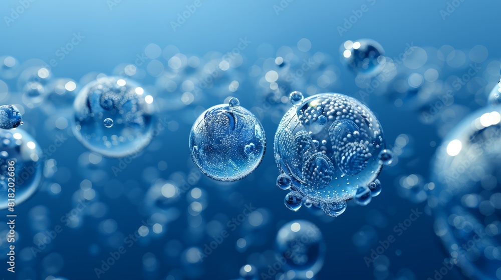  A collection of bubbles hovering above a light blue liquid, brimming with water droplets against a deeper blue backdrop