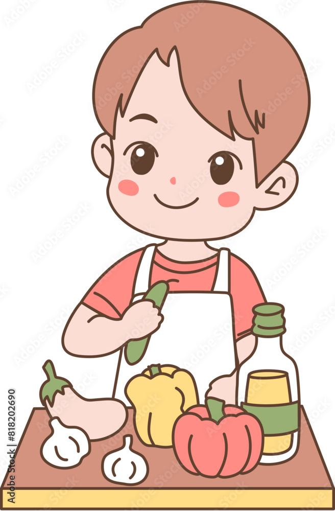 Friend Cooking Food. Happy cute little boy dressed in chef uniform preparing soup. Kawaii style vector illustration Friend Cooking Food. Happy cute little boy dressed in chef uniform preparing soup. Kawaii style vector illustration