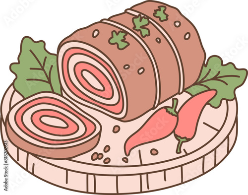 Meatloaf Rouladen Food. Colorful kawaii hand drawn vector illustration of German cuisine
