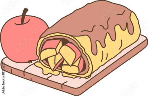 Apple Strudel Sweets Bakery. Colorful kawaii hand drawn vector illustration of German cuisine
