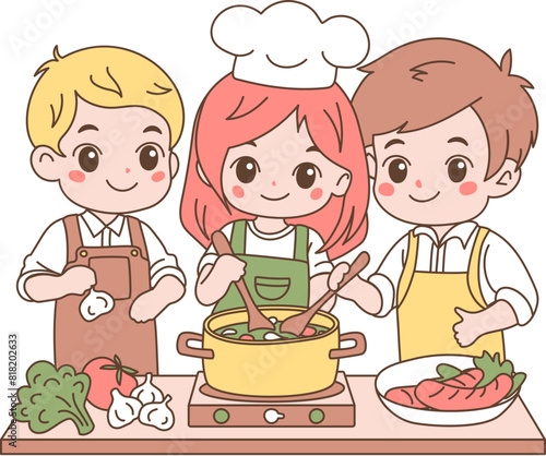 Friends Cooking Food. Happy cute little boys and girl dressed in chef uniform preparing soup. Kawaii style vector illustration

