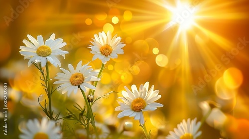  A field filled with daisies, sun shining behind, foreground showcasing lens flare
