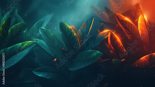  A tight shot of vibrant leaves against a backdrop of blue and orange, with a red light casting a warm glow behind