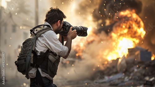 Photojournalist in Action: As a news story unfolds, the photojournalist is on the scene, taking pictures that tell a compelling visual story and bring attention to important events photo